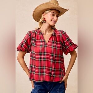 BiBi Christmas Plaid Short Sleeves Ruffled Blouse